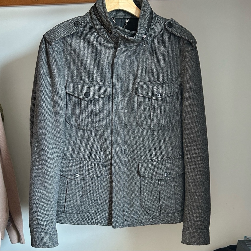 Zara Men's Charcoal Military Jacket coat Tweed over coat - grey gray black